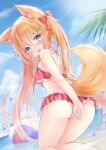  1girl animal_ear_fluff animal_ears ass bangs bikini blue_eyes blue_sky blush bow cameltoe cloud cloudy_sky covering covering_ass cowboy_shot day eyebrows_visible_through_hair eyes_visible_through_hair fox_ears fox_girl fox_tail frilled_bikini frills hair_between_eyes hair_bow hair_ornament hair_over_shoulder hairclip highres kata_rosu long_hair looking_at_viewer looking_back open_mouth orange_hair original outdoors palm_tree pink_bikini red_bow sky solo splashing swimsuit tail tail_raised tree twintails very_long_hair water 