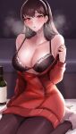  1girl alcohol bangs black_hair blush bra breasts cleavage dress drunk hairband highres large_breasts long_hair long_sleeves looking_at_viewer red_eyes red_sweater solo spy_x_family sweat sweater tommy_(kingdukeee) underwear undressing yor_briar 