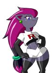  absurd_res alternate_species anthro blue_eyes bottomwear breasts clothing ear_piercing ear_ring female gloves grey_body hair half-closed_eyes hand_on_hip handwear hi_res jessie_(team_rocket) leggings legwear logo long_hair looking_at_viewer midriff multicolored_hair narrowed_eyes navel nintendo piercing pok&eacute;mon pok&eacute;mon_(species) shirt shorts smile solo tansau team_rocket topwear two_tone_hair undershirt video_games zoroark 