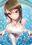  1girl bangs bare_shoulders blush breasts brown_eyes brown_hair collarbone commission competition_swimsuit covered_nipples day eyebrows_visible_through_hair fisheye from_above grabbing groin hair_between_eyes highleg highleg_swimsuit highres hikaru_ga_chikyuu_ni_itakoro large_breasts long_hair looking_at_viewer nekotama_(tsuki) nipples one-piece_swimsuit open_mouth outdoors partially_submerged pool pool_ladder poolside ripples see-through shikibu_honoka sideboob sidelocks smile solo swimsuit thighhighs wading water wet wet_clothes wet_hair wet_legwear wet_swimsuit white_legwear white_swimsuit 