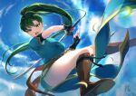  1girl bangs black_gloves blue_sky boots breasts cloud cloudy_sky commentary_request day dress earrings fingerless_gloves fire_emblem fire_emblem:_the_blazing_blade gloves green_eyes green_hair hair_ornament holding holding_sword holding_weapon jewelry knee_boots long_hair lyn_(fire_emblem) medium_breasts open_mouth outdoors pelvic_curtain ponytail short_sleeves signature simple_background sky solo sword thighs weapon yukimiyuki 