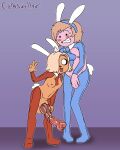  adventure_time animal_genitalia animal_penis anthro balls black_eyes blonde_hair breasts bronwyn canid canine canis cartoon_network clothing cothswoller domestic_dog duo equine_penis fake_ears fake_rabbit_ears fake_tail finn_the_human genitals gesture gynomorph hair hi_res human hybrid_genitalia hybrid_penis intersex knot knotted_equine_penis larger_male male mammal nipples penis size_difference small_breasts smaller_gynomorph smaller_intersex suit tongue tongue_out v_sign yellow_body 