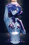  1girl arm_up au_ra avatar_(ff14) bangs blue_hair blue_skin chocolate chocolate_on_body chocolate_on_breasts colored_skin completely_nude covered_nipples dragon_horns final_fantasy final_fantasy_xiv food_on_body hair_over_one_eye highres horns hyuu_(sing-dog) looking_at_viewer naked_chocolate navel nude partially_submerged pink_eyes scales short_hair solo swept_bangs upper_body 