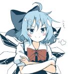  1girl blue_hair cirno closed_mouth collared_shirt crossed_arms do_(4-rt) fairy_wings hair_ribbon highres ribbon shirt short_hair short_sleeves simple_background smile touhou wings 
