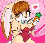  &lt;3 anthro bedroom_eyes big_breasts bow_tie breasts brown_eyes camel_toe carrot cleavage clothed clothing female food hair hedgethot lagomorph leporid lipstick makeup mammal narrowed_eyes plant playboy_bunny rabbit red_hair seductive sega smile solo sonic_the_hedgehog_(series) speech_bubble thick_thighs vanilla_the_rabbit vegetable wide_hips 
