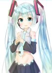  1girl absurdres aqua_eyes aqua_hair black_skirt detached_sleeves eyebrows_visible_through_hair grey_shirt hatsune_miku headphones highres long_hair looking_at_viewer navel necktie parted_lips rotroto shirt skirt sleeveless sleeveless_shirt smile solo twintails very_long_hair vocaloid 