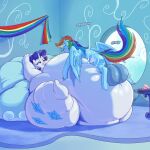  2022 absurd_res balls big_balls blue_eyes bodily_fluids crossgender cum cutie_mark digital_media_(artwork) duo equid equine eyelashes eyes_closed female friendship_is_magic genital_fluids genitals hasbro hi_res horn huge_balls mammal morbidly_obese multicolored_tail my_little_pony obese overweight pegasus rainbow_dash_(mlp) rainbow_tail rarity_(mlp) sirmasterdufel unicorn wings 