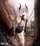  1girl :o absurdres arknights arm_tattoo artist_name backless_dress backless_outfit bare_shoulders black_dress blush breasts chain chained_sarkaz_girl copyright_name cuffs demon_girl demon_horns demon_tail dress feet_out_of_frame grey_hair highres horns kuroshiroemaki long_hair open_mouth pillar pointy_ears red_eyes shackles single_thighhigh skindentation small_breasts solo standing tail tail_through_clothes tattoo thigh_strap thighhighs twintails very_long_hair white_legwear younger 