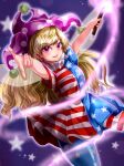  1girl absurdres american_flag_dress american_flag_legwear blonde_hair clownpiece commentary_request cowboy_shot eyebrows_behind_hair hat highres holding holding_torch jester_cap looking_at_viewer maboroshi_mochi nail_polish neck_ruff open_mouth outstretched_arms pantyhose pink_eyes pink_nails polka_dot_headwear purple_headwear shiny shiny_hair solo teeth torch touhou upper_teeth 