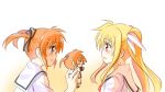  2girls blonde_hair blue_eyes couple fate_testarossa grin hair_ribbon happy kerorokjy lyrical_nanoha mahou_shoujo_lyrical_nanoha multiple_girls open_mouth orange_hair red_eyes ribbon short_twintails simple_background smile surprised takamachi_nanoha teasing twintails wavy_mouth yuri 