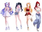  4girls baggy_pants bare_arms bare_shoulders black_hair blue_eyes blue_pants blue_skirt bow breasts camisole cleavage commission crop_top denim denim_skirt dress food full_body green_eyes grin hair_bow halterneck hand_on_own_thigh hand_up hands_on_own_chest heterochromia holding holding_food holding_ice_cream holding_popsicle ice_cream jewelry kkumang large_breasts leg_up long_hair looking_at_viewer midriff miniskirt multiple_girls navel necklace one_eye_closed open_mouth orange_hair original pants pink_eyes ponytail popsicle purple_eyes purple_hair red_hair red_shirt shirt shoes simple_background skirt sleeveless sleeveless_shirt smile sneakers spaghetti_strap stomach sundress thighs twintails very_long_hair white_background white_dress white_shirt white_shoes 