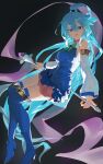  1girl absurdres aqua_(konosuba) aqua_hair bare_shoulders blue_boots blue_dress blue_eyes blue_hair boots bow bowtie commentary detached_sleeves dress green_bow green_bowtie hair_between_eyes hair_rings high_heel_boots high_heels highres holding holding_staff kono_subarashii_sekai_ni_shukufuku_wo! long_hair parted_lips purplerele sleeveless sleeveless_dress solo staff thigh_boots very_long_hair 