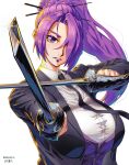  1girl absurdres aiming aiming_at_viewer artist_name basket_hilt black_necktie braid braided_base breasts butler collared_shirt commentary_request commission curtained_hair dated dress_shirt dual_wielding female_butler floating_neckwear glint hair_ornament hair_over_one_eye hair_stick high_ponytail highres holding holding_sword holding_weapon jacket katana large_breasts lipstick long_hair long_sleeves looking_at_viewer makeup necktie original parted_bangs pointing_melee_weapon pointing_sword ponytail ponytail_with_braided_base purple_eyes purple_hair purple_lips purple_vest rapier saran_wrap_(sf_seijin) shirt simple_background skeb_commission solo suit_jacket sword upper_body vest waistcoat weapon white_background white_shirt 