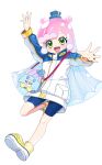  1girl :d animal_bag arm_up bike_shorts blue_hair blue_hat blue_jacket blue_shorts blush commentary double_bun full_body gradient_hair green_eyes hair_bun hat hat_ornament highres jacket legs long_hair long_sleeves looking_at_viewer mini_hat mini_top_hat monster_girl multicolored_hair multicolored_jacket no_socks open_hands open_mouth outstretched_arm penguin_bag pink_hair platform_shoes puffy_long_sleeves puffy_sleeves puniru_(puniru_wa_kawaii_slime) puniru_wa_kawaii_slime shoe_soles shoes shorts simple_background slime_girl slime_hair smile solo spread_fingers star_(symbol) star_hat_ornament top_hat two-tone_hair two-tone_jacket white_background white_jacket yellow_shoes yuihico 