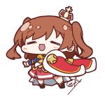  1girl :d =_= aijo_karen badge black_shoes blue_jacket blush brown_hair chibi chibi_only closed_eyes commentary_request cross crown full_body fur-trimmed_jacket fur_trim highres jacket jacket_on_shoulders long_sleeves medium_hair mini_crown oofushi_ao open_mouth red_jacket red_skirt sash shoes shoujo_kageki_revue_starlight shoulder_sash signature simple_background single_horizontal_stripe skirt smile solo standing star_(symbol) striped_clothes striped_skirt swept_bangs tassel tilted_headwear two_side_up waist_cape white_background white_sash yellow_trim 
