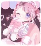  1girl apron black_bow black_hair blue_eyes bow braid commentary_request covering_own_mouth cross cross_earrings earrings english_text jewelry magical_girl mahou_shoujo_ikusei_keikaku mahou_shoujo_ikusei_keikaku_black maid maid_headdress multicolored_hair one_eye_closed pink_hair qoo_1025 tetty_goodgripp twin_braids 