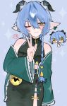  1girl alternate_costume animal_ears bare_shoulders black_dress blue_hair blush braid chinese_clothes commentary_request detached_sleeves dress goat_ears goat_girl goat_horns green_sleeves hair_between_eyes highres horns long_hair looking_at_viewer lucia_elowen one_eye_closed pointy_ears qipao takooishiii upper_body v yellow_eyes zenless_zone_zero 