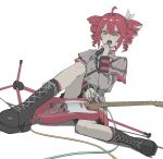  1girl absurdres ahoge black_boots boots buttons cable double-breasted drill_hair electric_guitar frilled_skirt frills fukaba_yoh grey_jacket grey_skirt guitar hair_between_eyes hair_ribbon highres holding holding_microphone instrument jacket kasane_teto kasane_teto_(sv) lace-up_boots looking_at_viewer microphone microphone_stand on_floor open_mouth pleated_skirt red_eyes red_hair ribbon simple_background singing sitting skirt solo synthesizer_v twin_drills utau white_background white_ribbon 