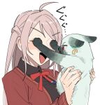  1girl :d ahoge animal animalization black_shirt bow bowtie cardigan cat commentary_request green_cat holding holding_animal holding_cat long_hair love_live! love_live!_nijigasaki_high_school_idol_club mayonejeu mifune_shioriko mole mole_under_eye nijigasaki_school_uniform pink_hair red_bow red_bowtie red_cardigan school_uniform shirt simple_background smile sweatdrop upper_body v-shaped_eyebrows white_background zhong_lanzhu 