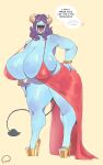  absurd_res big_breasts blue_body blue_skin breasts clothing demon demon_humanoid dialogue dress female hair hi_res huge_breasts humanoid mature_female not_furry peculiart purple_hair solo spade_tail thick_thighs 