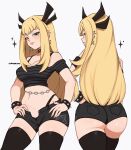 1girl absurdres alternate_costume ass bare_shoulders black_bra black_panties black_shorts black_thighhighs blonde_hair blue_eyes blush bra bra_strap bracelet breasts chain cleavage commentary cremanata crop_top cross cross_earrings ear_piercing earrings hand_on_own_hip highleg highleg_panties highres jewelry large_breasts long_hair looking_at_viewer magik's_crown magik_(x-men) marvel marvel_tokon:_fighting_souls midriff multiple_views navel panties piercing short_shorts shorts skindentation sparkle spike_piercing spiked_bracelet spikes thighhighs thong thong_panties underwear wide_hips 