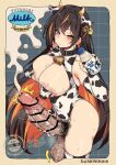  1girl animal_ears animal_print areola_slip ass bell belt_collar black_hair black_nails blue_eyes blush bottle breasts censored cleavage collar commentary_request covered_navel covered_nipples cow_ears cow_horns cow_print cow_print_gloves cow_print_leotard cow_print_thighhighs cum ejaculation elbow_gloves erection fake_animal_ears female_pubic_hair futanari futanari_masturbation gloves heterochromia highres holding holding_bottle horns huge_penis huge_testicles large_areolae large_breasts long_hair looking_at_viewer masturbation mole mole_on_breast multicolored_hair neck_bell nolmo orange_hair original parted_lips penis print_gloves print_thighhighs pubic_hair puffy_nipples solo speckled_areolae sweat testicles thighhighs two-tone_hair yellow_eyes 