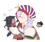  1girl 2boys blush braid buccar_(fire_emblem) commentary_request couple dark-skinned_female dark-skinned_male dark_skin fecheeseball fire_emblem fire_emblem:_fortune's_weave hat hetero imminent_kiss leda_(fire_emblem) multiple_boys purple_hair sirocco_(fire_emblem) turban white_background 