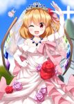  1girl :d ;d alternate_costume back_bow blonde_hair blue_sky blurry blush bouquet bouquet_toss bow bride cloud commentary_request cross crystal crystal_wings day depth_of_field dress dress_flower flandre_scarlet flower gold_tiara highres multicolored_wings one_eye_closed one_side_up pink_bow red_eyes ruu_(tksymkw) sky smile solo touhou wedding_dress white_dress wings 