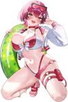  1girl :d bikini blush breast_press breasts choker cleavage commentary_request criss-cross_halter cropped_jacket double_bikini earrings eyewear_on_head fingernails front-tie_bikini_top front-tie_top full_body hair_ornament halterneck heart heart_o-ring heterochromia high_heel_sandals high_heels highleg highleg_bikini highres holding holding_swim_ring hololive houshou_marine houshou_marine_(jellyfish_swimsuit) jacket jewelry kneeling large_breasts leaning_to_the_side long_sleeves looking_at_viewer navel necklace o-ring o-ring_thigh_strap official_alternate_costume official_alternate_hairstyle open_clothes open_jacket open_mouth oritonagi pixel_sunglasses pouch red_bikini red_choker red_eyes red_hair sandals short_hair simple_background skindentation smile solo stomach sunglasses swim_ring swimsuit thigh_pouch thigh_strap thighs toenails toes virtual_youtuber wet white_background white_bikini white_jacket wolf_cut yellow_eyes 