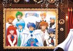  1990s_(style) 1girl 6+boys ain_(phantasy_star) android armor bare_shoulders black_cape black_choker black_tunic blonde_hair blue_eyes blue_gem breastplate brown_eyes brown_hair cape choker english_commentary family father_and_child father_and_son forehead_jewel frown fuin_(phantasy_star) gauntlets gem grandfather_and_grandson green_eyes green_gem green_hair green_shirt headband holding holding_sword holding_weapon kein_(phantasy_star) lein_(phantasy_star) leotard long_hair luin_(phantasy_star) mieu_(phantasy_star) multiple_boys noin_(phantasy_star) official_art ozaki_toyo parent_and_child pauldrons phantasy_star phantasy_star_iii ponytail portrait_(object) red_gem red_hair red_leotard retro_artstyle searren_(phantasy_star) shiin_(phantasy_star) shirt shoulder_armor side_ponytail sitting skin_seams smile sword tunic weapon white_armor white_cape 