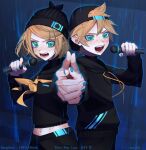  1boy 1girl absurdres aqua_eyes back-to-back backwards_hat baseball_cap beanie black_hat black_hoodie black_pants blonde_hair blue_background blue_nails brother_and_sister character_name cowboy_shot creator_name drawstring english_commentary finger_gun hair_ornament hair_through_headwear hair_tuft hairclip hat highres holding holding_hands holding_microphone hood hoodie interlocked_fingers kagamine_len kagamine_rin locked_arms looking_at_viewer microphone midriff navel neckerchief open_mouth pants pointing pointing_at_viewer pom_pom_(clothes) pom_pom_beanie rain say_it_(synthesizer_v) siblings singing song_name spiked_hair swept_bangs teeth twitter_username vocaloid yellow_neckerchief zontik2404 