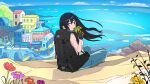  1girl backpack bag black_hair blue_eyes bottle check_commentary cloud commentary_request denim drinking highres hiker italy jeans looking_at_viewer ocean original pants scenery seaside shirt shop sky sleeveless sleeveless_shirt summer takaichi_(tkch) village water_bottle wind wind_lift 