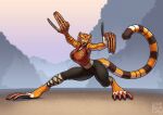  2022 5_fingers anthro big_breasts breasts claws clothed clothing detailed_background digital_media_(artwork) dreamworks felid female fingers fur kung_fu_panda long_claws long_nails longblueclaw mammal master_tigress pantherine pose solo stripes tiger 