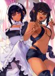  2girls black_hair black_shorts braid breasts cleavage closed_mouth dark-skinned_female dark_skin fang hair_flaps halter_top halterneck jahy jahy-sama_wa_kujikenai! konbu_wakame large_breasts lilith_(saikin_yatotta_maid_ga_ayashii) long_hair maid micro_shorts multiple_girls o-ring o-ring_top open_mouth pointy_ears purple_hair saikin_yatotta_maid_ga_ayashii short_hair shorts single_braid smile thighhighs white_legwear yellow_eyes 