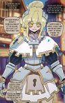  1girl armor basedbinkie blonde_hair bun_with_hair_base capelet commentary confetti crown_hair_ornament cuirass eleanor_castus_(basedbinkie) english_commentary english_text familiar_lands faulds gauntlets hair_between_eyes hair_ornament highres holding holding_mace holding_weapon looking_at_viewer mace outdoors pauldrons shoulder_armor single_pauldron smile speech_bubble star-shaped_pupils star_(symbol) symbol-shaped_pupils vambraces weapon white_capelet yellow_eyes 