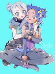  2girls animification arms_around_neck belt black_pants blue_eyes blue_hair blush commentary_request cropped_jacket curtained_hair dark-skinned_female dark_skin detached_sleeves gloves hand_on_another's_arm hand_on_lap highres hug hug_from_behind indian_style jett_(valorant) knife_sheath kunai medium_hair multicolored_hair multiple_girls neon_(valorant) pants parted_bangs partially_fingerless_gloves ponytail sheath short_ponytail signature sitting streaked_hair swept_bangs two_side_up valorant weapon yuri yuusuke-kun 