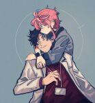  2boys amayado_rei amemura_ramuda bangs black_hair blue_background blue_eyes closed_mouth facial_hair heterochromia highres holding_person hospital_gown hypnosis_mic jacket long_sleeves male_focus multiple_boys ox79xo pink_hair red_shirt scar scar_across_eye shirt sidelocks white_jacket 