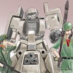  2boys arm_cannon army cable cannon combat_helmet commentary emblem gatling_gun green_hat grenade_launcher gun gundam gundam_msv hat helmet highres holding holding_gun holding_weapon kuroneko_koubou mecha military_hat military_rank_insignia military_uniform mobile_suit multiple_boys one-eyed_mecha robot science_fiction shield soldier submachine_gun weapon zaku_tank zeon 