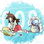  :o artist_name bag blue_shirt blue_socks blush bright_pupils brown_eyes brown_hair claws commentary cosplay english_commentary eyelashes green_(pokemon) hat kanto_map kneeling leaf_(pokemon) leaf_(pokemon)_(cosplay) long_hair map_(object) mofinngram nostrils one_eye_closed open_mouth outline poke_ball poke_ball_(basic) pokedex_number pokemon pokemon:_let's_go_pikachu!_and_let's_go_eevee! pokemon_(creature) pokemon_firered_and_leafgreen red_skirt shirt shoes sitting skirt sleeveless sleeveless_shirt smile socks unworn_bag vs_seeker wartortle white_hat white_outline white_pupils white_shoes yellow_bag 