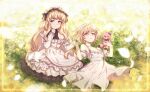  2girls bangs bare_shoulders blonde_hair bow bowtie cagliostro_(granblue_fantasy) collarbone commentary djeeta_(granblue_fantasy) dress flower frilled_dress frills granblue_fantasy hair_between_eyes hairband highres holding_hands koori_(superumaice) lolita_hairband long_hair long_sleeves looking_at_viewer lying multiple_girls on_back parted_lips pink_bow pink_bowtie pink_eyes short_hair sitting smile stuffed_animal stuffed_toy teddy_bear very_long_hair white_dress yellow_eyes 