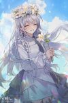  1girl :d ^_^ artist_name bang_dream! bang_dream!_our_notes black_necktie blue_sky closed_eyes cloud collared_shirt commentary cowboy_shot cumulonimbus_cloud earrings fingernails floating_hair flower flower_earrings flower_wreath frilled_shirt frilled_sleeves frills grey_hair grin head_wreath highres holding holding_flower jewelry lens_flare lily_(flower) long_hair long_sleeves making-of_available necktie outdoors own_hands_clasped own_hands_together shiomi_hotaru shirt sidelocks skirt sky smile soha_blan solo vine_on_leg watermark white_flower white_lily white_shirt white_skirt 
