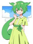  1girl alternate_costume blush closed_mouth cloud commentary_request cowboy_shot dress green_dress green_hair green_sash hand_up highres long_hair looking_at_viewer low_ponytail moqrin777 orange_eyes ponytail sash short_sleeves smile solo voiceroid voicevox white_background zundamon 