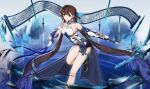  1girl absurdres andoff breasts brown_eyes brown_hair chinese_clothes commentary_request detached_sleeves dress highres holding holding_sword holding_weapon honkai_(series) honkai_impact_3rd kuji-in large_breasts li_sushang li_sushang_(jade_knight) long_hair looking_at_viewer multiple_swords scroll solo sword thigh_strap thighs very_long_hair weapon white_dress 