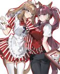  +_+ 2girls almond_eye_(umamusume) animal_ears apron bag black_bow black_pants blue_eyes blunt_bangs blush bow bow_hairband braid braided_sidelocks breasts brown_hair closed_mouth collared_shirt colored_inner_hair commentary_request dress ear_covers employee_uniform fast_food_uniform food french_fries hair_between_eyes hair_ornament hairband hairclip highres holding holding_bag holding_tray horse_ears horse_girl horse_tail kfc korean_commentary long_hair lucky_lilac_(umamusume) multicolored_hair multiple_girls open_mouth pants purple_eyes red_vest sczxsao shirt side_ponytail sidelocks smile striped_clothes striped_dress sweatdrop symbol-shaped_pupils tail thighhighs tray umamusume vertical-striped_clothes vertical-striped_dress vest white_apron white_hairband white_shirt white_thighhighs x-shaped_pupils 