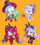  4girls :p ahoge alternate_costume animal_ear_hairband animal_ears bandaged_arm bandaged_head bandages bandaid bandaid_on_leg baobhan_sith_(bloody_bunny)_(fate) baobhan_sith_(fate) bikini black_coat black_hands black_hat black_horns black_leotard black_shoes blood blood_on_bandages blood_on_clothes blood_on_face blood_on_gloves blue_eyes blue_shorts boots braid brown_boots candy chibi coat colored_extremities colored_inner_hair commentary demon_girl demon_horns demon_wings dress earrings emoillu facial_mark fake_animal_ears fang fate/grand_order fate_(series) fishnet_pantyhose fishnets food garter_straps gloves green_eyes green_hair grey_hair hair_between_eyes hair_intakes hairband hand_up hat heterochromia highres holding holding_candy holding_food holding_scalpel horns jack_the_ripper_(fate/apocrypha) jack_the_ripper_(zombie_nurse_the_ripper)_(fate) jewelry kukulkan_(dinos_witch)_(fate) kukulkan_(fate) leg_tattoo leotard lilith_(fate) long_hair long_sleeves looking_at_viewer multicolored_hair multiple_girls nurse_cap object_through_head one_eye_closed open_clothes open_coat open_mouth orange_background pantyhose pointy_ears purple_pantyhose purple_wings rabbit_ear_hairband rabbit_ears red_eyes red_gloves red_hair red_pantyhose red_thighhighs red_wings scalpel scar scar_on_cheek scar_on_face shoes short_hair shorts side_braid simple_background skin_fang smile stomach_tattoo stuffed_animal stuffed_toy swimsuit syringe syringe_in_head tattoo thighhighs tongue tongue_out twintails two-sided_coat two-sided_fabric white_dress white_gloves white_shoes white_thighhighs wings witch_hat yellow_bikini 
