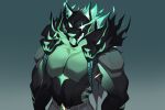  1boy animal_ears bara cerberus_(fortnite) commentary dandythelionn dog_boy dog_ears english_commentary facing_viewer fangs fortnite furry furry_male grey_pants highres male_focus multiple_heads muscular muscular_male open_mouth pants pectorals vest 