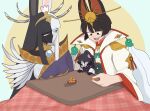  1boy 1girl 1other absurdres amaterasu_asahi_(glaa_da) animal_ears asahi_sas_brutus au_ra black_eyes black_hair black_scales black_skin blunt_bangs bowl bowl_cut colored_skin dragon_horns filigree final_fantasy final_fantasy_xiv flower food fruit glaa_da gloves green_eyes hair_flower hair_ornament high_ponytail highres holding horns izumi_tol_amulius japanese_clothes kimono kotatsu long_hair mandarin_orange mismatched_animal_ear_colors mole mole_under_mouth multicolored_hair multicolored_skin open_mouth original ponytail purple_kimono rabbit_ears red_pupils red_trim scales short_hair size_difference smile split-color_hair split-color_skin table tsukuyomi_(ff14) two-tone_hair two-tone_kimono two-tone_skin white_hair white_skin yellow_collar yukata 