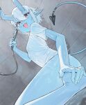  1girl barefoot blue_horns blue_oni blue_skin blue_tail breasts colored_skin commentary_request from_below hair_between_eyes hair_between_horns highres holding holding_shower_head horns looking_at_viewer multicolored_horns nmm oni open_mouth pointy_ears red_eyes shirt shower_head showering skin-covered_horns small_breasts solo soukaku_(zenless_zone_zero) tail two-tone_horns two-tone_tail wet wet_clothes wet_shirt white_hair white_shirt zenless_zone_zero 