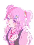  1girl arm_warmers bead_bracelet bead_necklace beads black_vest bracelet chinese_commentary collared_shirt commentary_request eyelashes eyes_visible_through_hair frilled_vest frills gyaru hair_ornament hair_scrunchie hairclip hand_up happy heart heart_hair_ornament highres infinity_nikki jewelry jiushu45392 light_blush long_hair long_sidelocks looking_at_viewer multicolored_hair necklace necktie nikki_(series) open_mouth parallel_hairclips pink_arm_warmers pink_eyes pink_hair pink_necktie pink_scrunchie pink_shirt plaid_clothes plaid_necktie pointy_nose puffy_short_sleeves puffy_sleeves rainbow_hair_ornament rosie_sweetheart_(infinity_nikki) scrunchie shirt short_sleeves sidelocks simple_background smile solo split-color_hair star_(symbol) star_hair_ornament two_side_up upper_body vest white_background x_hair_ornament y2k_fashion 