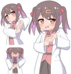 1girl :d belt black_hair black_skirt blush bolo_tie breasts brown_eyes cleavage commentary dot_nose finger_frame hair_ornament hair_ribbon hairclip highres lab_coat looking_at_viewer medium_breasts multicolored_hair multiple_views onii-chan_wa_oshimai! open_mouth oyama_mihari psnt_8010 purple_hair red_ribbon red_shirt revealing_layer ribbon shirt simple_background skirt smile star_(symbol) sweatdrop twintails two-tone_hair white_background 